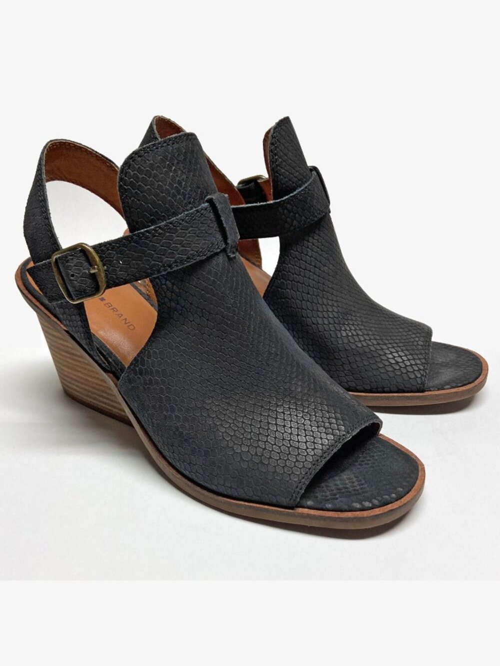 Lucky Brand Black Leather Labradite Wedge Heel Sandal EU 39 US 8.5 Open Toe Shoe